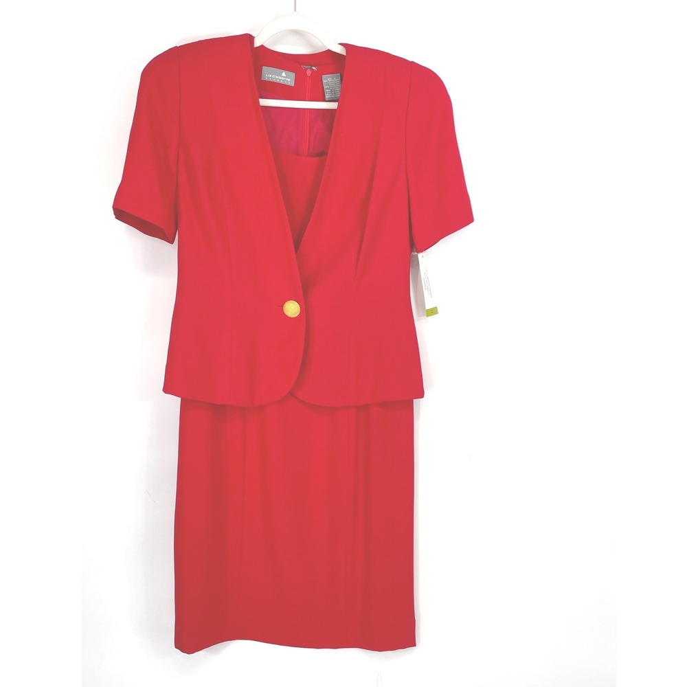 NOS Liz Claiborne Women 80's Dress Suit 10 2-Piece Set Red Blazer Sheath Vintage